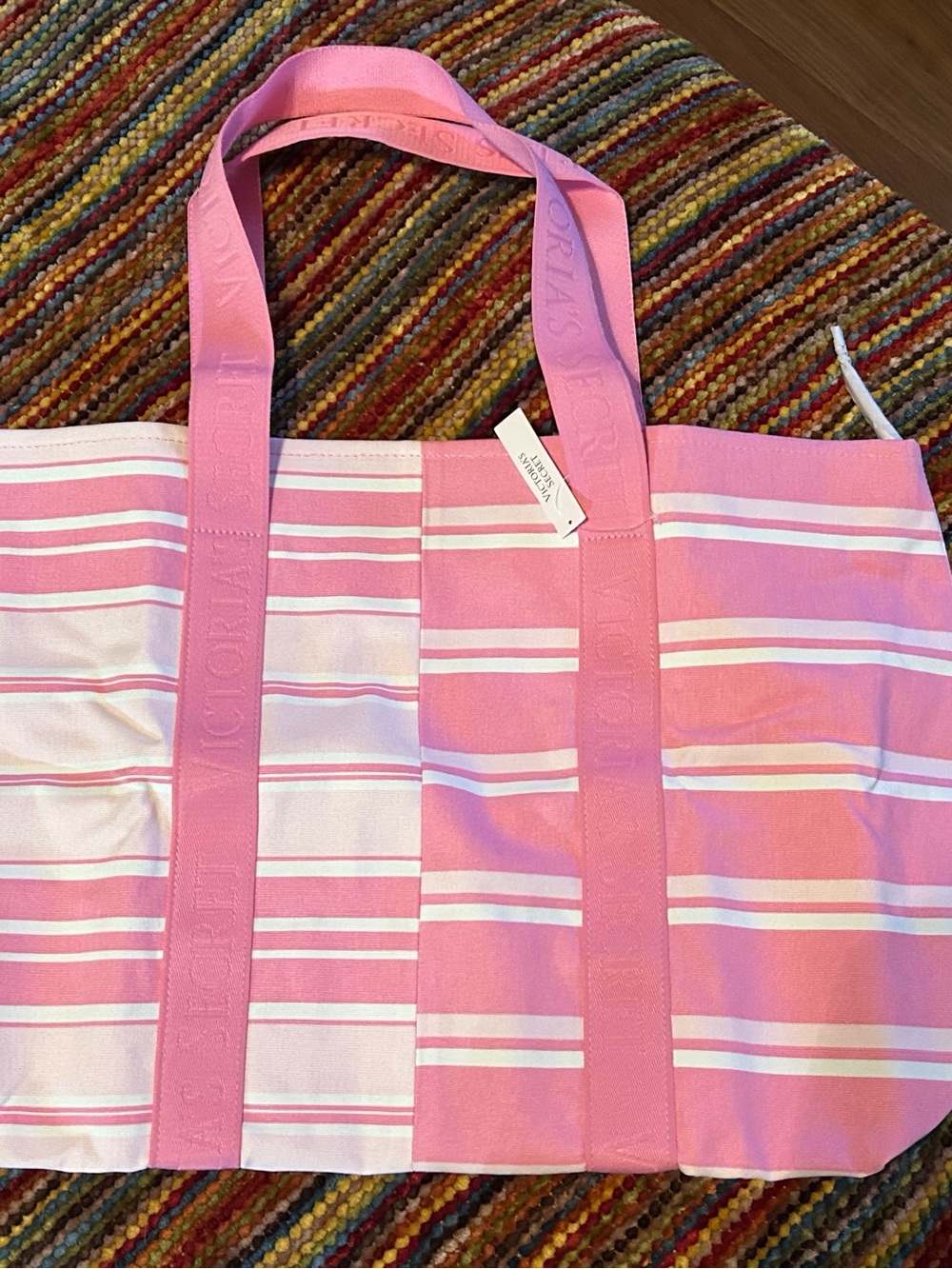 Victoria's Secret Pink & White Striped XL Canvas Tote new with tags